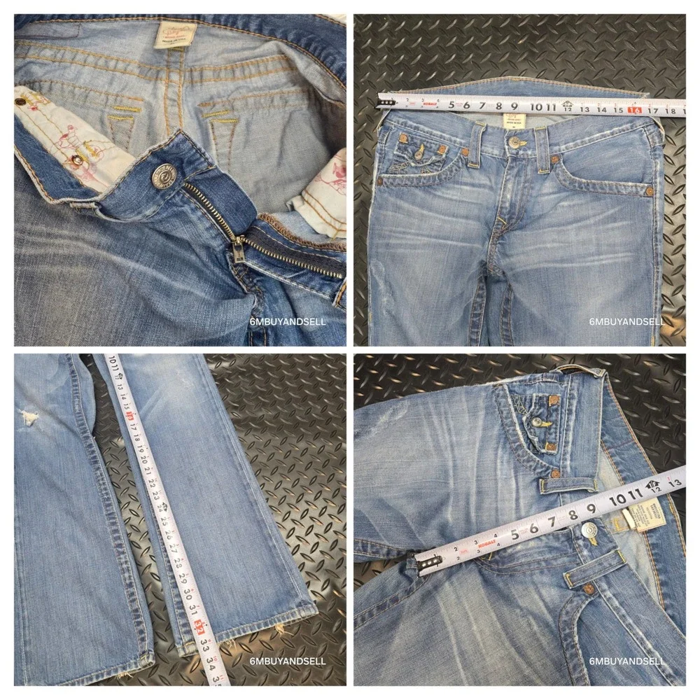 True‎ Religion Ricky Straight Leg Jeans Mens 34 Light Wash Distressed USA Y2K
